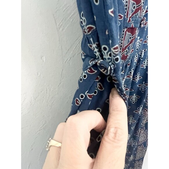 April Cornell Handblock Dress Navy Floral Patchwork Midi Pockets Medium Cottage - Picture 9 of 14